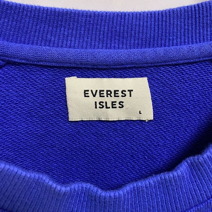 古着 used EVERESTISLES 長袖ワンポイントロゴ刺繍スウェット トレーナー クルーネック 青 秋冬服 Lサイズ