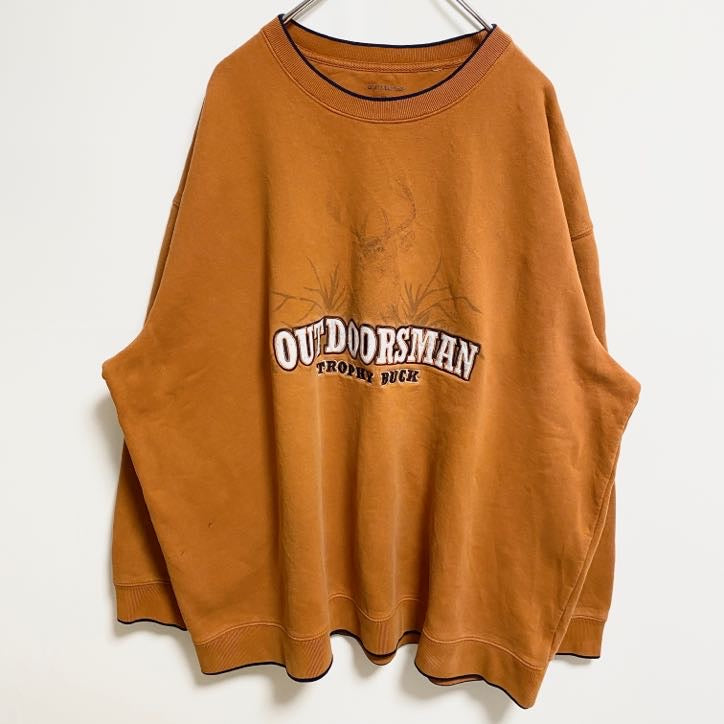 古着 used　長袖アニマル柄刺繍スウェット　トレーナー　鹿　クルーネック　オレンジ　レトロデザイン　個性的　XLサイズ