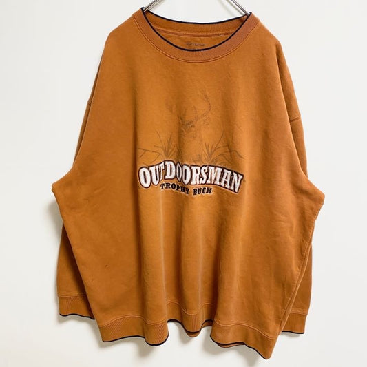 古着 used　長袖アニマル柄刺繍スウェット　トレーナー　鹿　クルーネック　オレンジ　レトロデザイン　個性的　XLサイズ