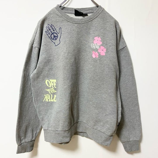 古着 used VANS バンズ　長袖プリントスウェット　トレーナー　ワンポイントロゴ刺　グレー　レトロデザイン　XSサイズ