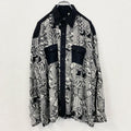 古着 used　長袖総柄シャツ　黒　ブラック　モノトーン　幾何学模様　レトロデザイン　個性的アート　切り替え柄　