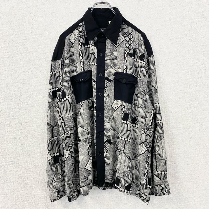 古着 used　長袖総柄シャツ　黒　ブラック　モノトーン　幾何学模様　レトロデザイン　個性的アート　切り替え柄　