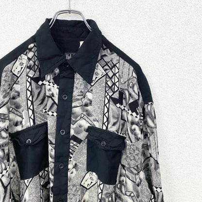 古着 used　長袖総柄シャツ　黒　ブラック　モノトーン　幾何学模様　レトロデザイン　個性的アート　切り替え柄　