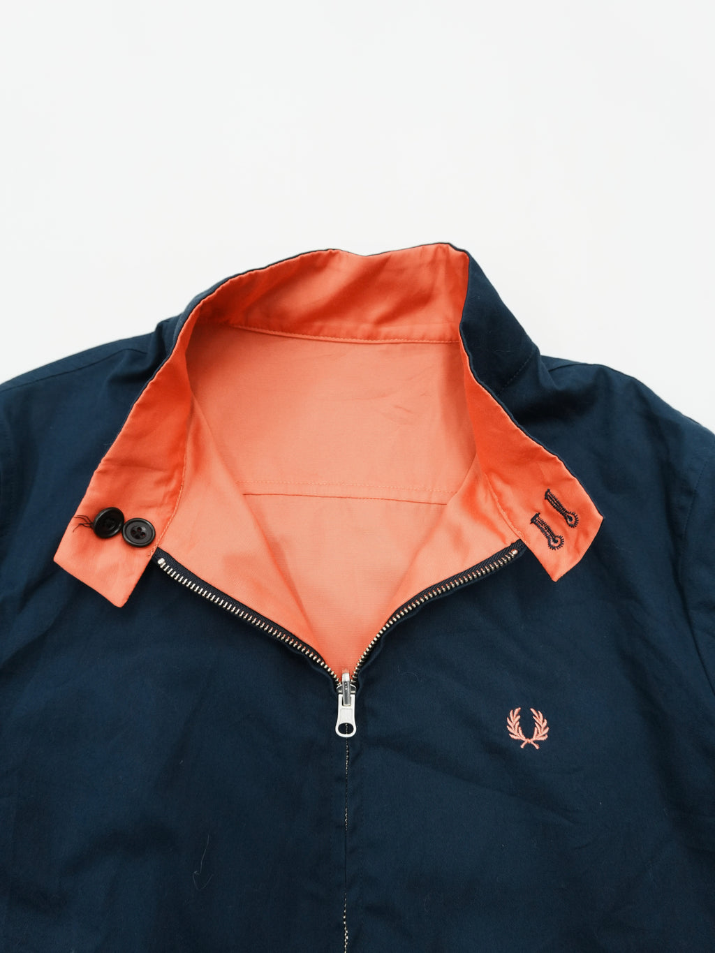 FRED PERRY　フレッドペリー　リバーシブルハリントンジャケット　フェード　刺繍ロゴ　紺　ネイビー　赤　レッド　Lサイズ　