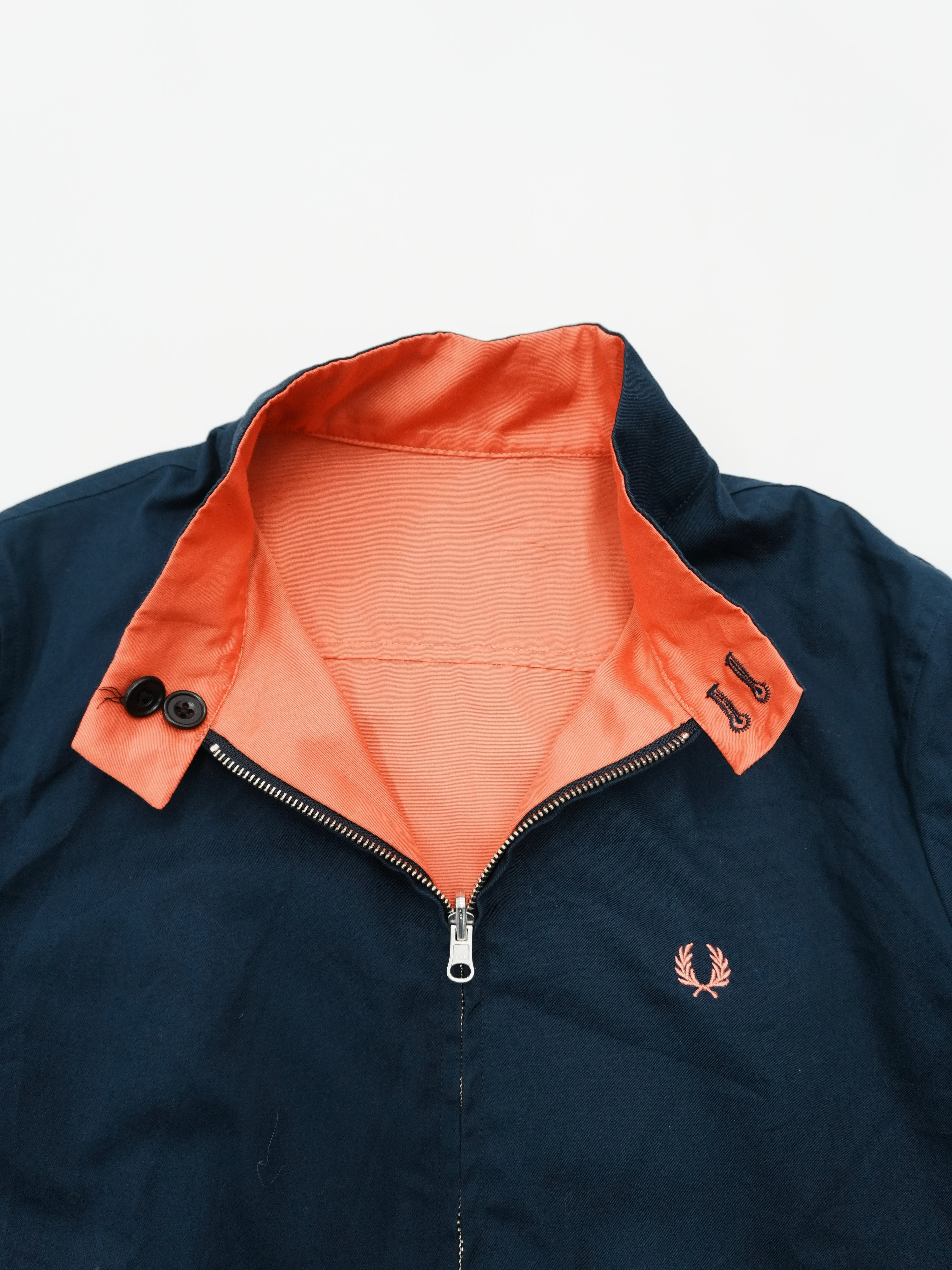 FRED PERRY　フレッドペリー　リバーシブルハリントンジャケット　フェード　刺繍ロゴ　紺　ネイビー　赤　レッド　Lサイズ　