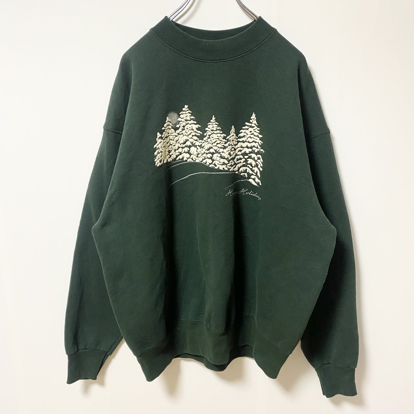 ～90s　FRUIT OF THE LOOM　USA製　プリントスウェット　トレーナー　緑　雪　XLサイズ