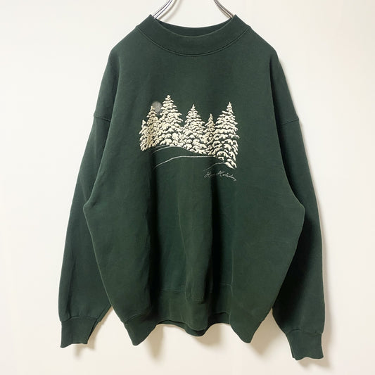 ～90s　FRUIT OF THE LOOM　USA製　プリントスウェット　トレーナー　緑　雪　XLサイズ
