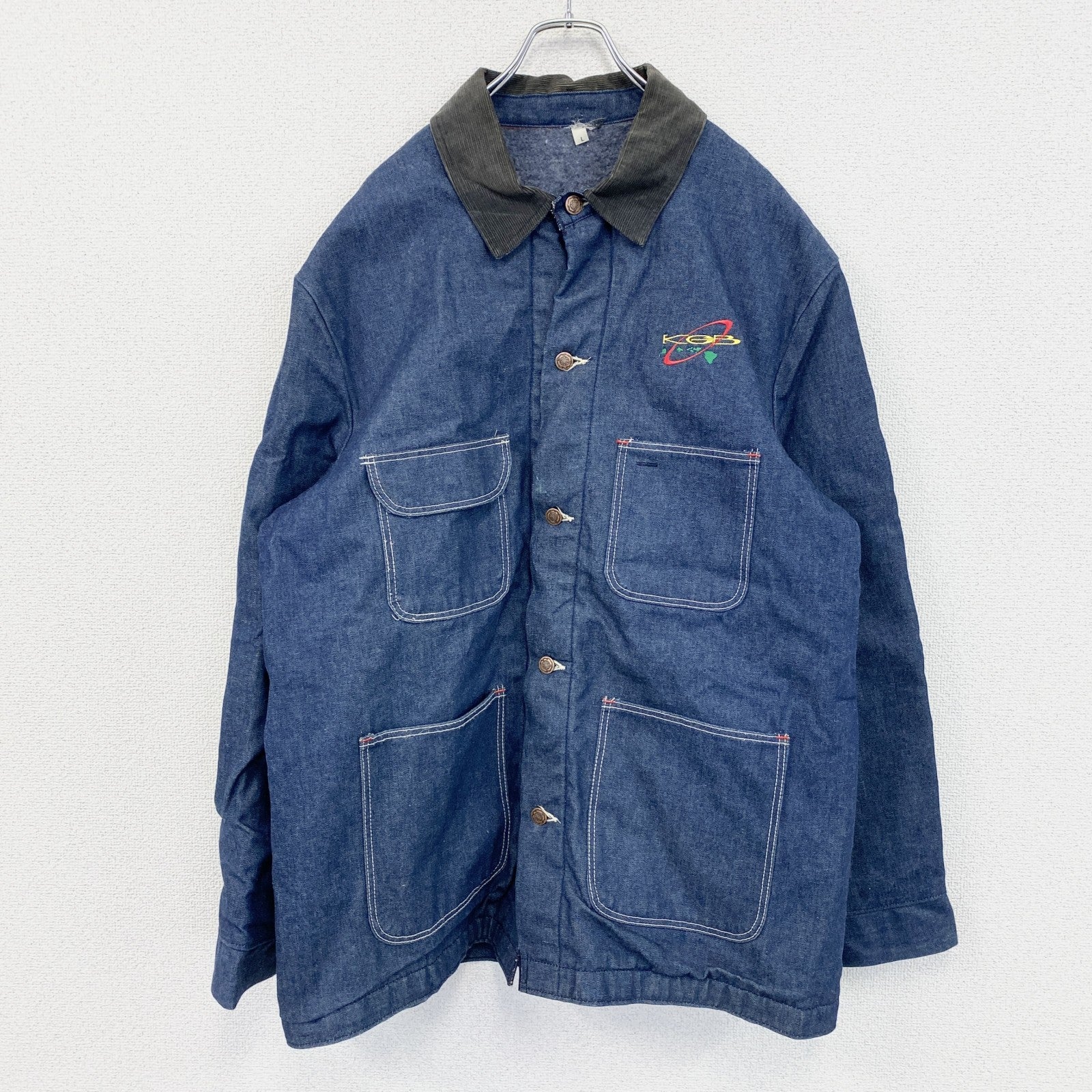 ～80s　デニムカバーオール　ブランケットライナー　コーデュロイカラー　4ポケット　刺繍ロゴ　インディゴ　Lサイズ