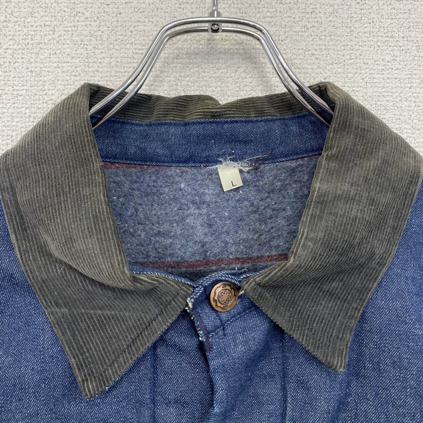 ～80s　デニムカバーオール　ブランケットライナー　コーデュロイカラー　4ポケット　刺繍ロゴ　インディゴ　Lサイズ