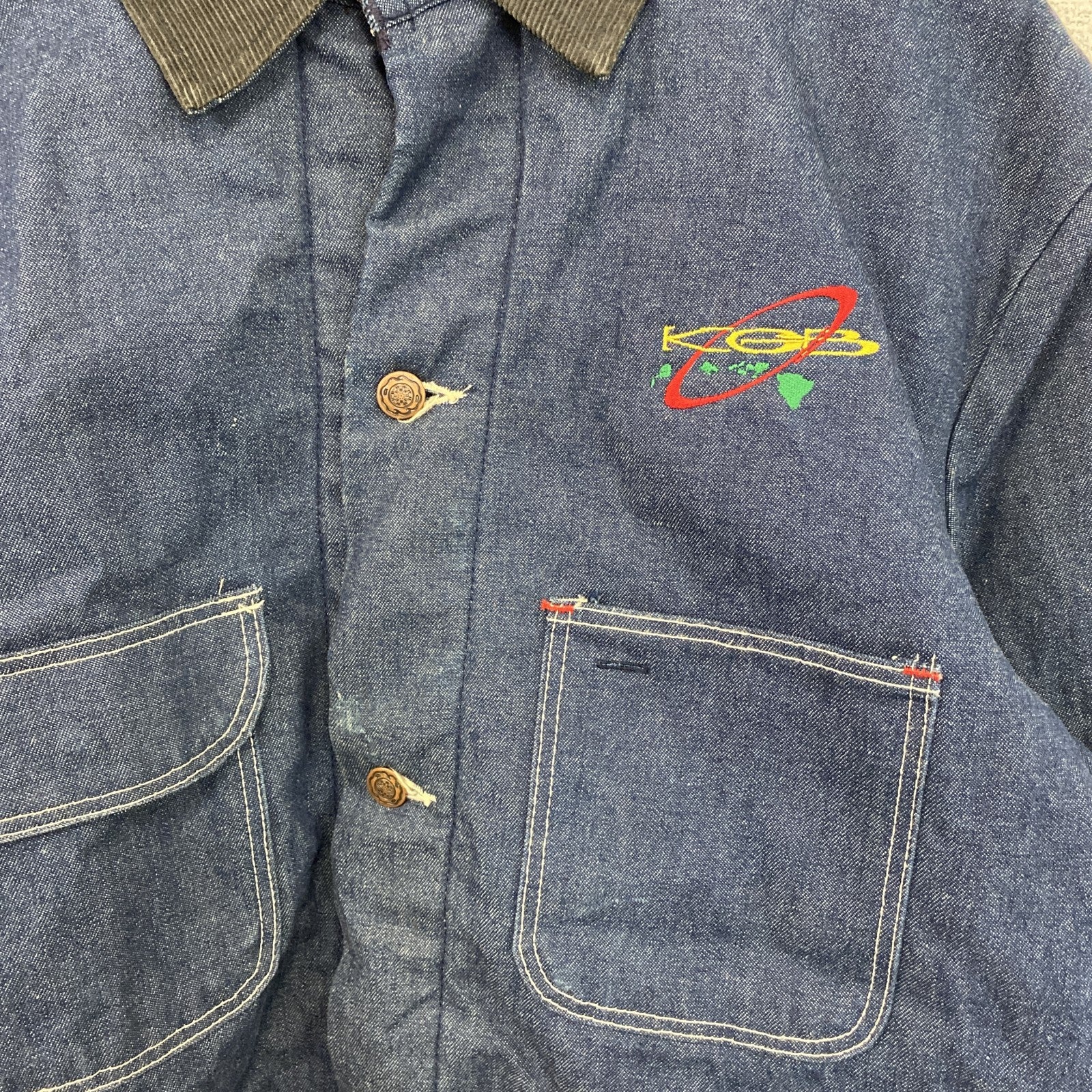 ～80s　デニムカバーオール　ブランケットライナー　コーデュロイカラー　4ポケット　刺繍ロゴ　インディゴ　Lサイズ