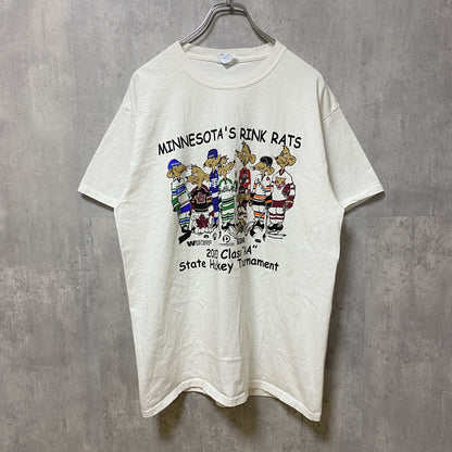 古着 used　MINNESOTA'S RINK RATS　半袖プリントTシャツ　ホワイト　白　アイスホッケー　ネズミ　Lサイズ