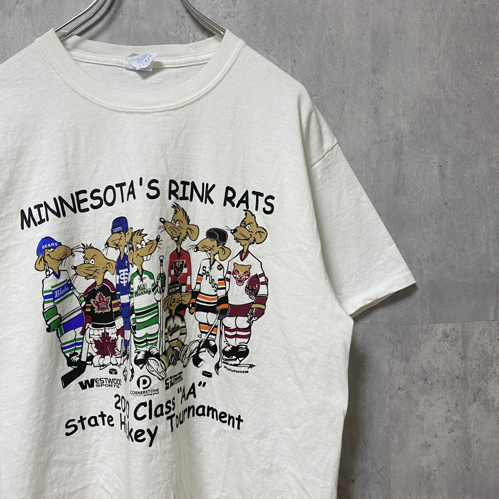 古着 used　MINNESOTA'S RINK RATS　半袖プリントTシャツ　ホワイト　白　アイスホッケー　ネズミ　Lサイズ