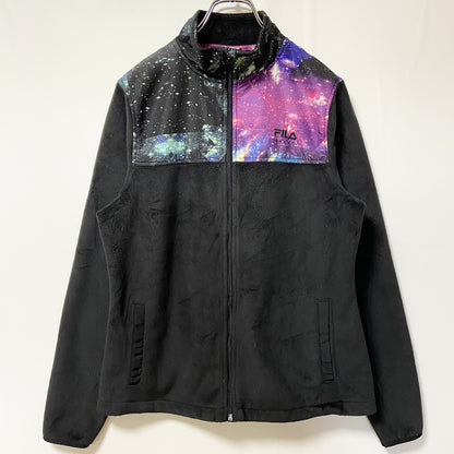 古着 used　FILA フィラ　長袖デザインフリースジャケット　ワンポイントロゴ刺繍　宇宙柄　スペース　ハイネック　Mサイズ
