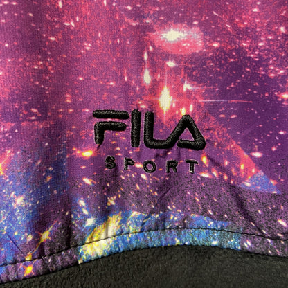 古着 used　FILA フィラ　長袖デザインフリースジャケット　ワンポイントロゴ刺繍　宇宙柄　スペース　ハイネック　Mサイズ
