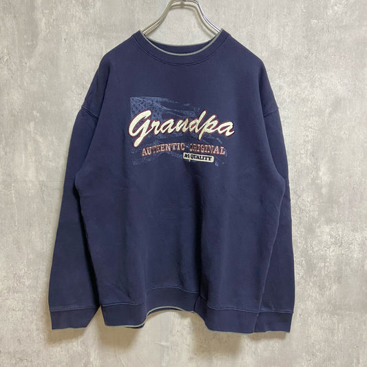 古着 used　grandma　長袖刺繍スウェット　トレーナー　ネイビー　紺　レトロデザイン　クルーネック　Mサイズ