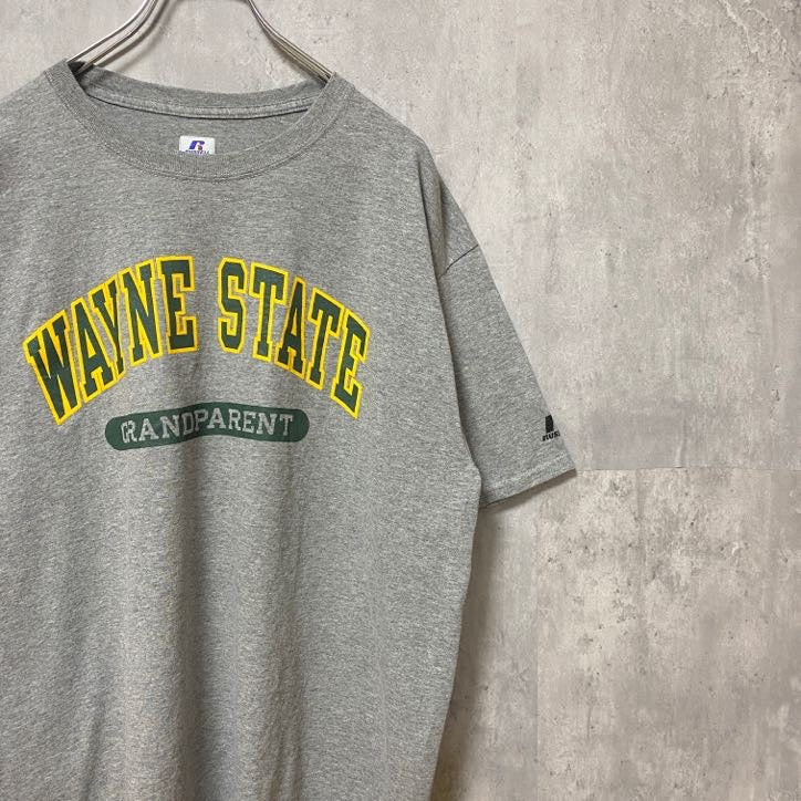 古着 used　RUSSELL ラッセル　半袖カレッジプリントTシャツ　ウェイン州立大学　グレー　レトロ　クルーネック　Lサイズ