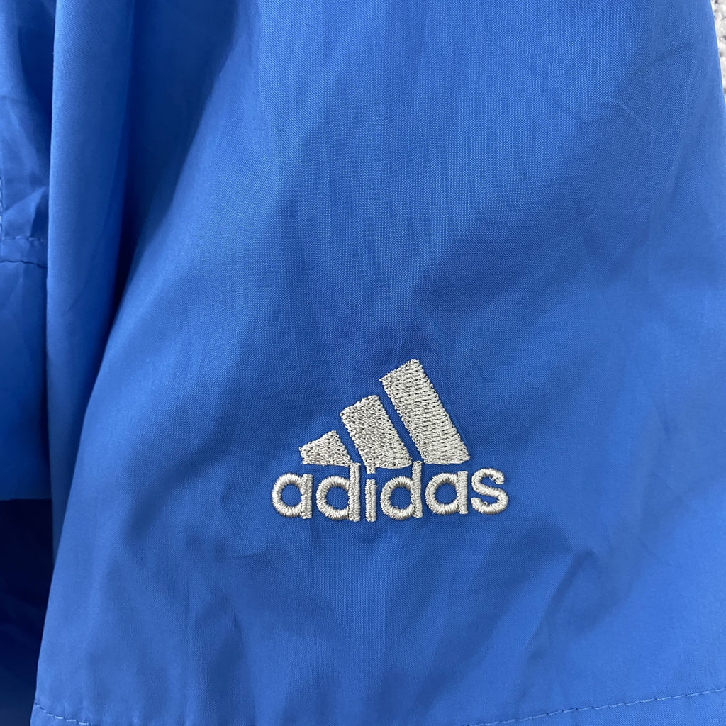 adidas　アディダス　半袖ハーフジッププルオーバージャケット　スリーストライプス　ブルー　XLサイズ