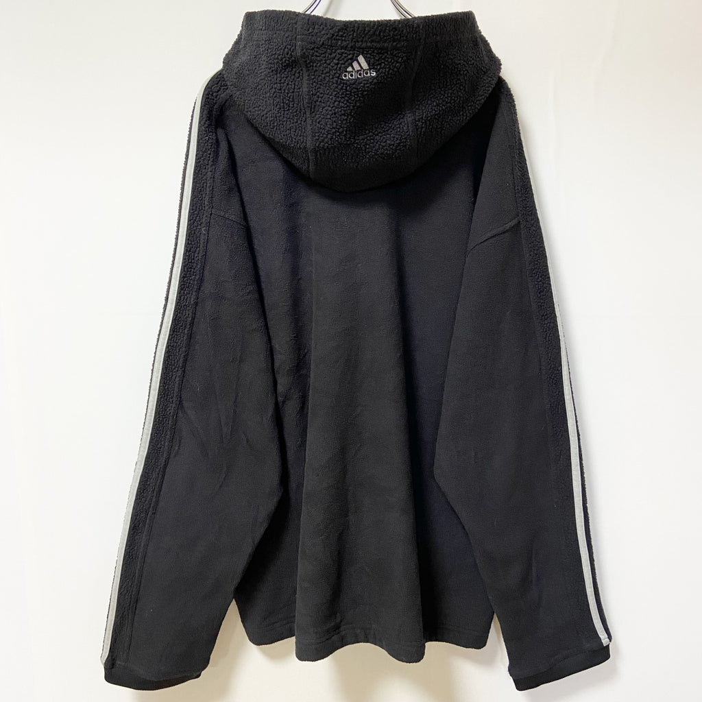 古着 used　adidas アディダス　長袖フリースパーカー　プルオーバー　ライン　ブラック　ワンポイントロゴ刺繍　XLサイズ