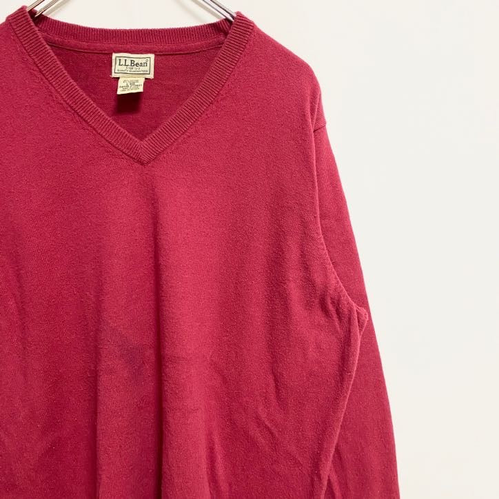 古着 used　LLBean　エルエルビーン　長袖Vネック薄手無地ニット　セーター　ノームコア　赤　レッド　秋冬服　Lサイズ