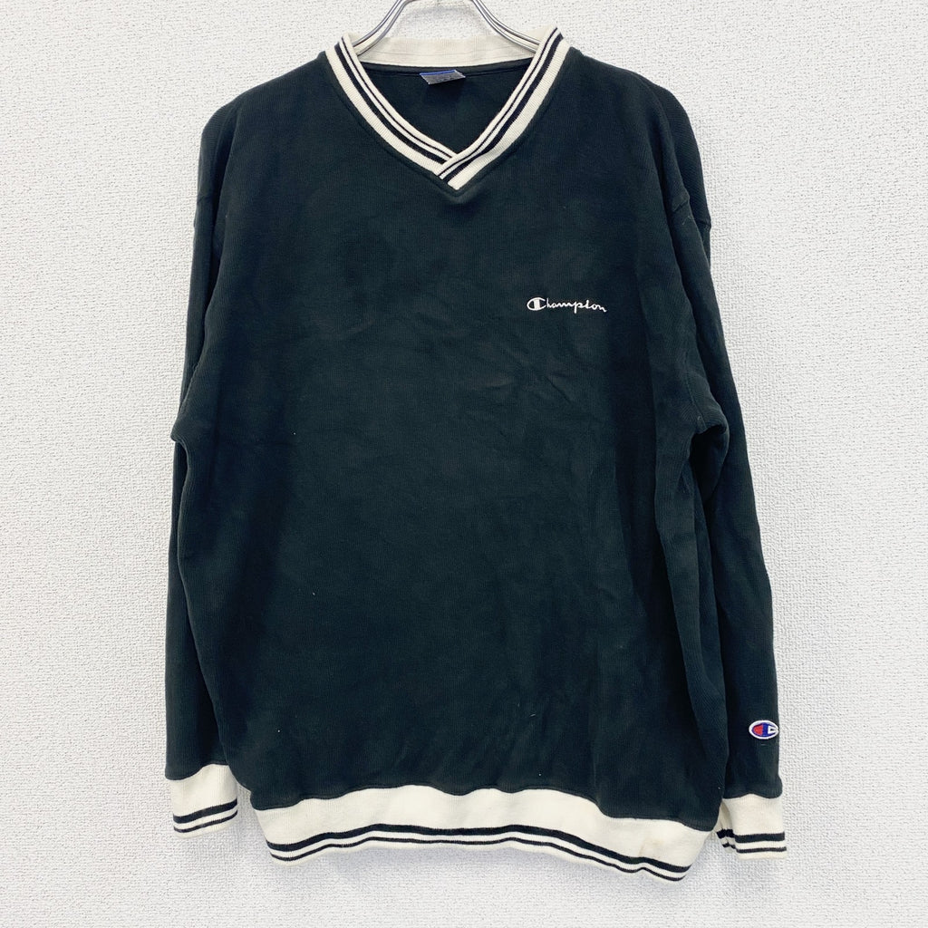 90s　Champion　チャンピオン　コットンニットセーター　ヴィンテージ　ロゴ刺繡　黒　ブラック　XLサイズ