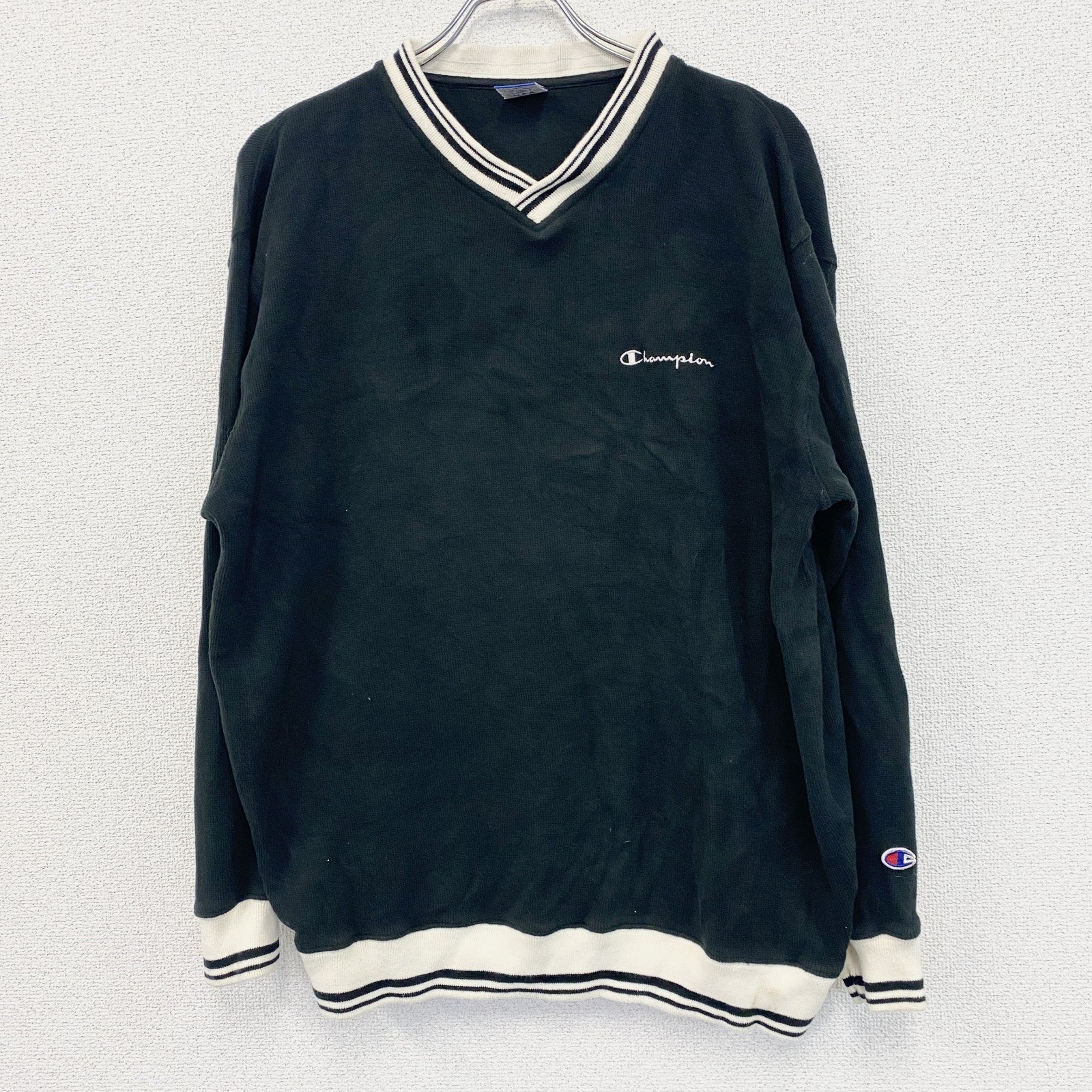 90s　Champion　チャンピオン　コットンニットセーター　ヴィンテージ　ロゴ刺繡　黒　ブラック　XLサイズ