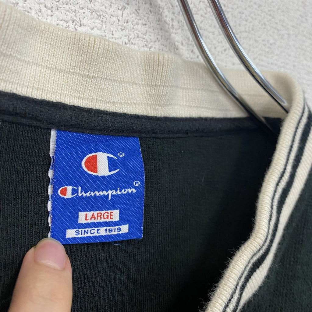 90s　Champion　チャンピオン　コットンニットセーター　ヴィンテージ　ロゴ刺繡　黒　ブラック　XLサイズ