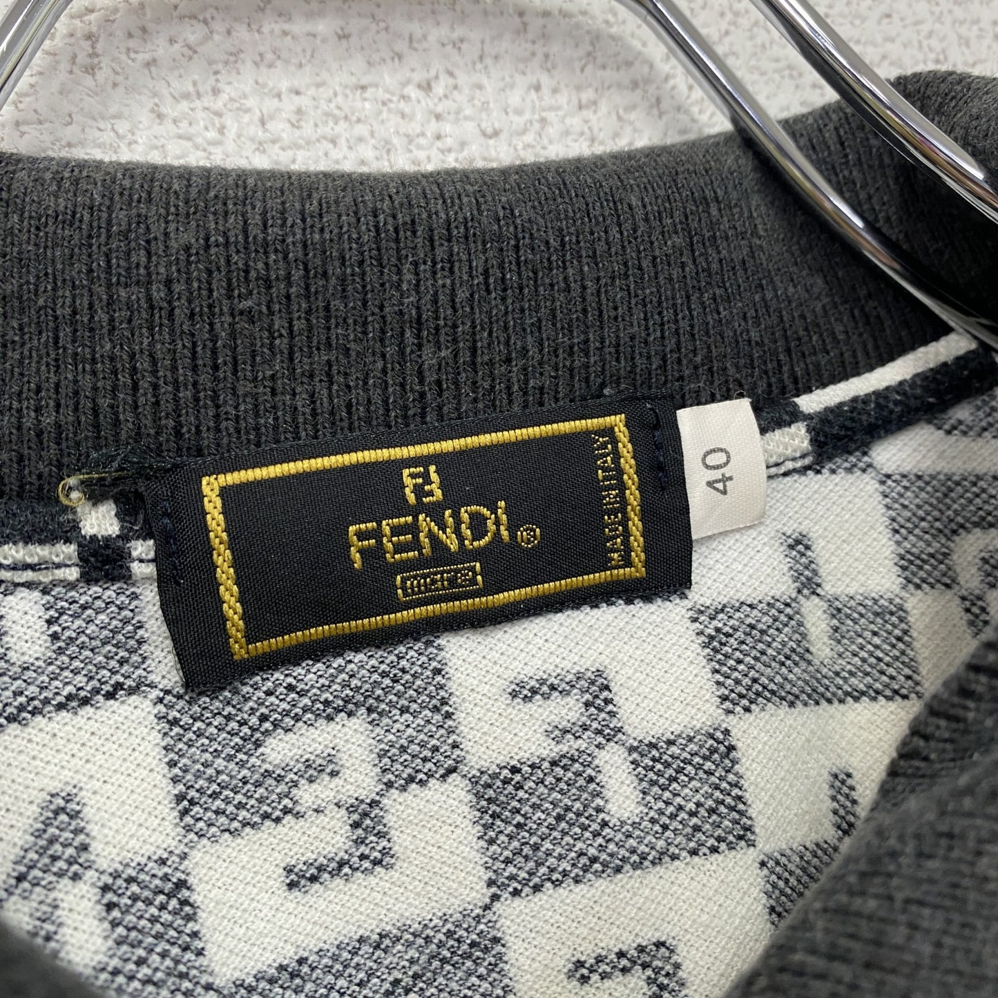 ～00s　FENDI　フェンディ　半袖ポロシャツ　ヴィンテージ　総柄　チェック柄　黒　ブラック　40サイズ