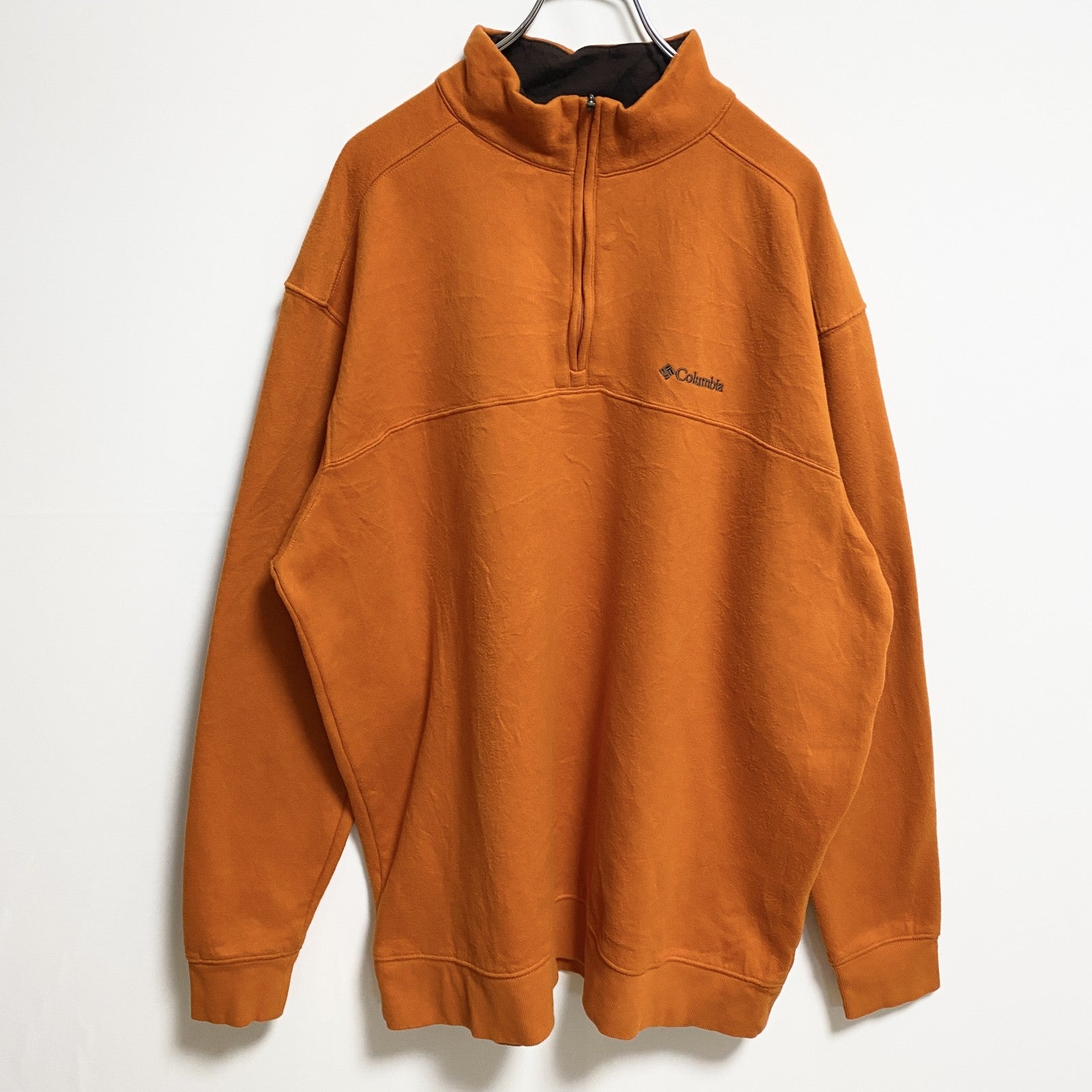 古着 used　Columbia　コロンビア　長袖ハーフジップワンポイントロゴ刺繍スウェット　トレーナー　オレンジ　XXLサイズ