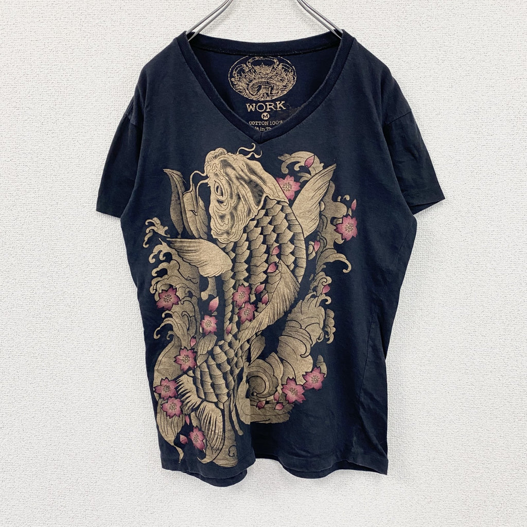 WORK　半袖プリントTシャツ　Vネック　和柄　金魚　黒　ブラック　Mサイズ