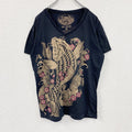 WORK　半袖プリントTシャツ　Vネック　和柄　金魚　黒　ブラック　Mサイズ