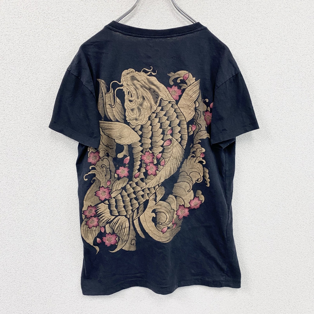 WORK　半袖プリントTシャツ　Vネック　和柄　金魚　黒　ブラック　Mサイズ