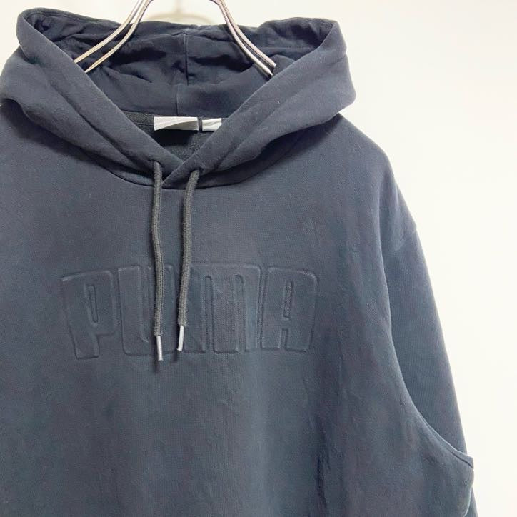 古着 used　PUMA　プーマ　長袖ロゴ立体パーカー　スウェットプルオーバー　シンプル　黒　ブラック　秋冬服　Lサイズ