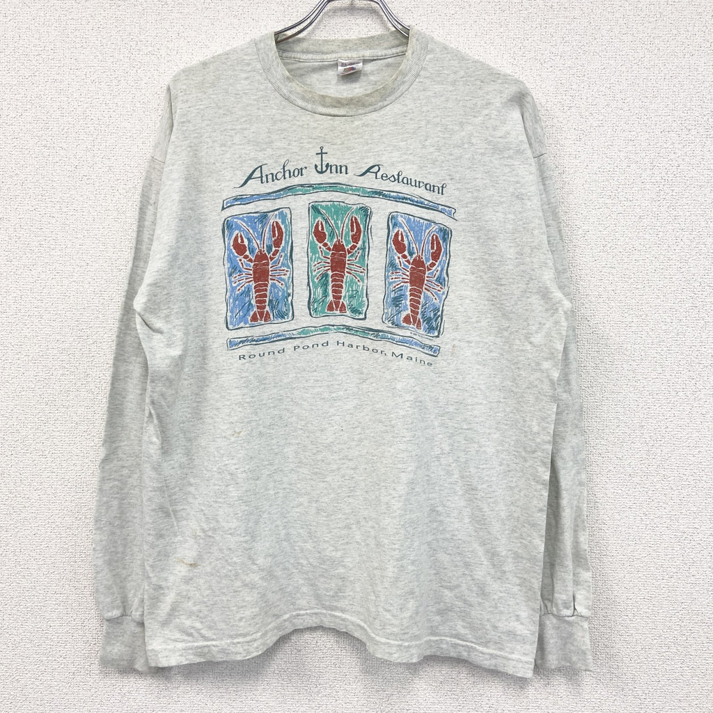 90s　FRUIT OF THE LOOM　フルーツオブザルーム　長袖プリントTシャツ　灰色　グレー　XLサイズ