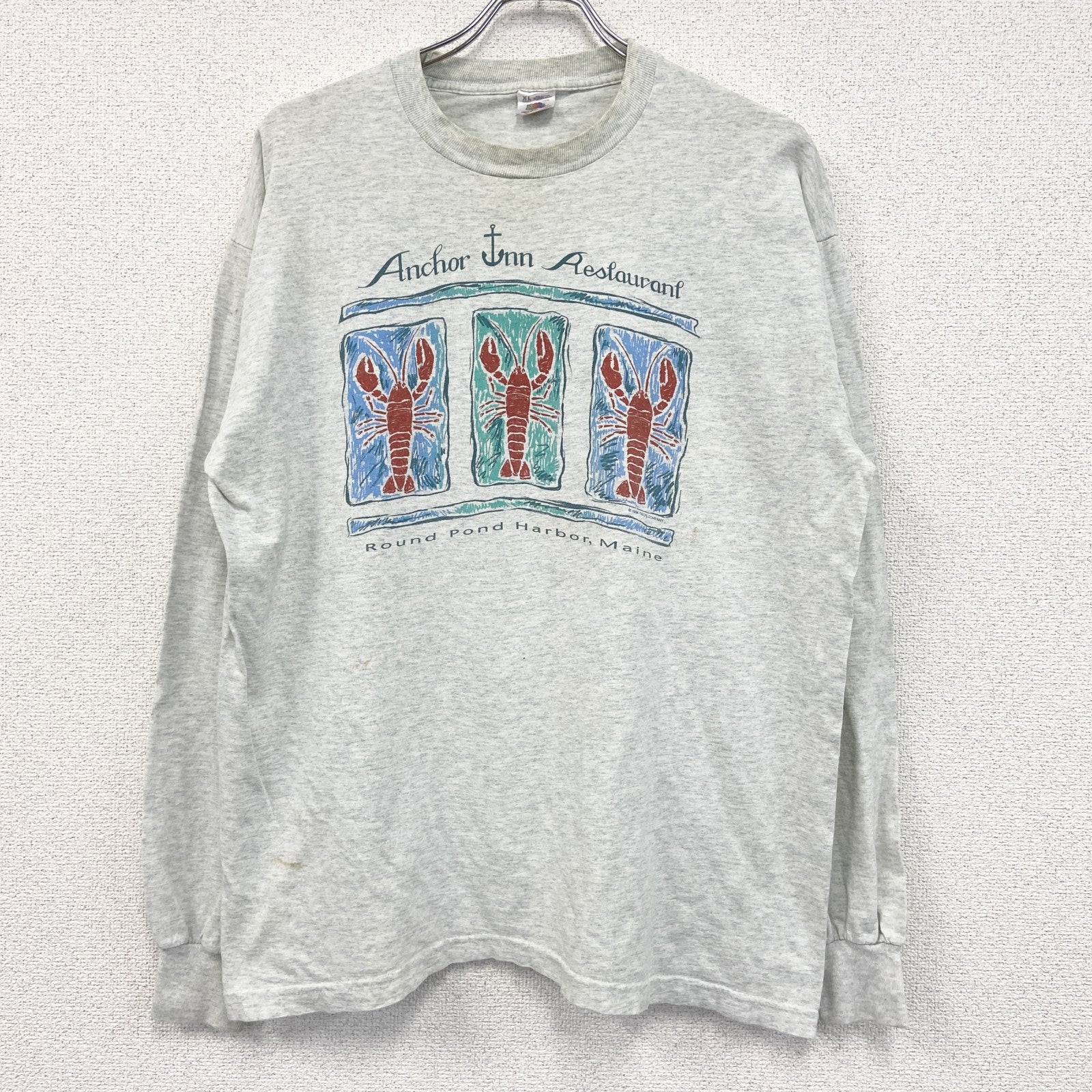 90s　FRUIT OF THE LOOM　フルーツオブザルーム　長袖プリントTシャツ　灰色　グレー　XLサイズ