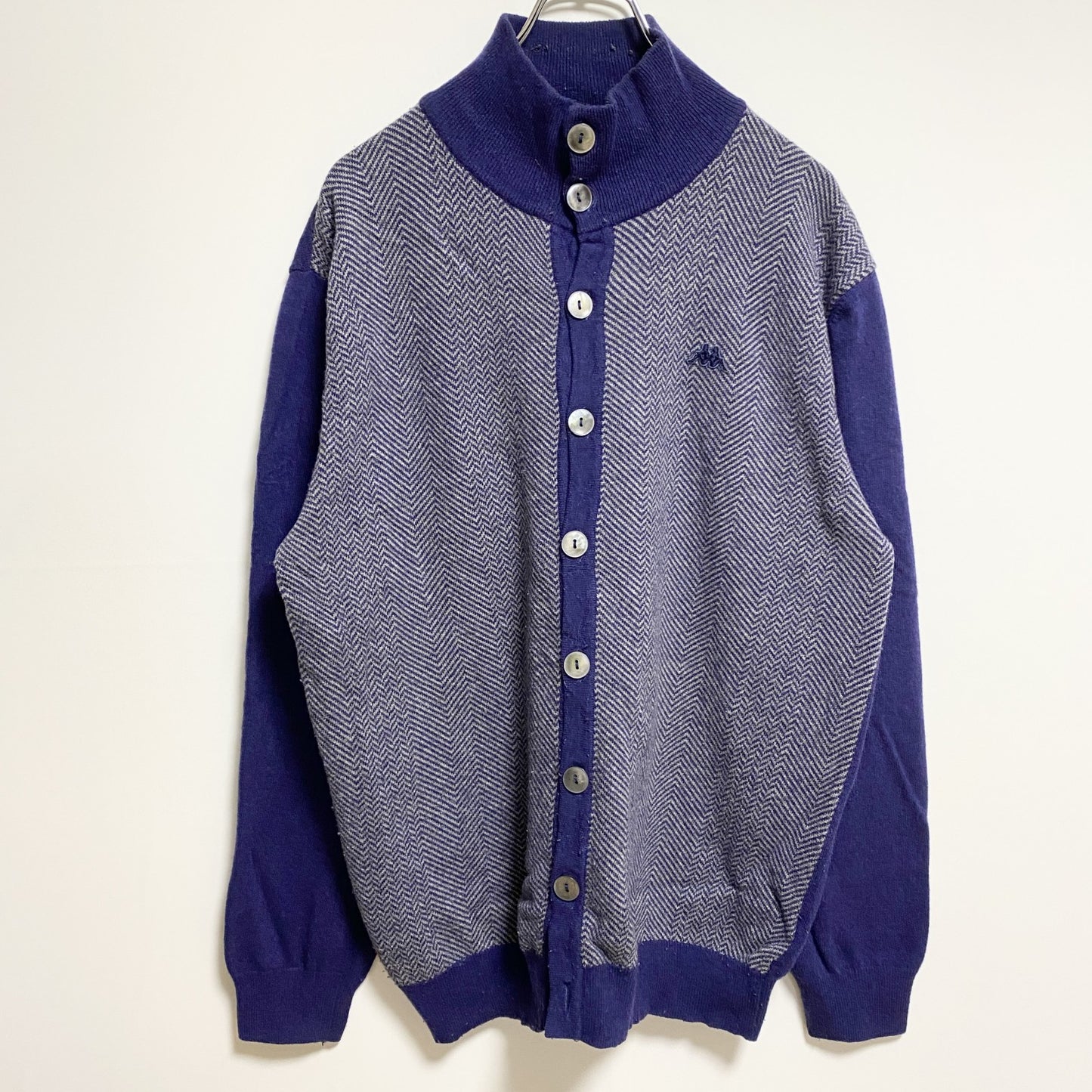 古着 used　KAPPA カッパ　長袖ハイネックニットカーディガン　セーター　ワンポイントロゴ刺繡　ネイビー　レトロ　XLサイズ