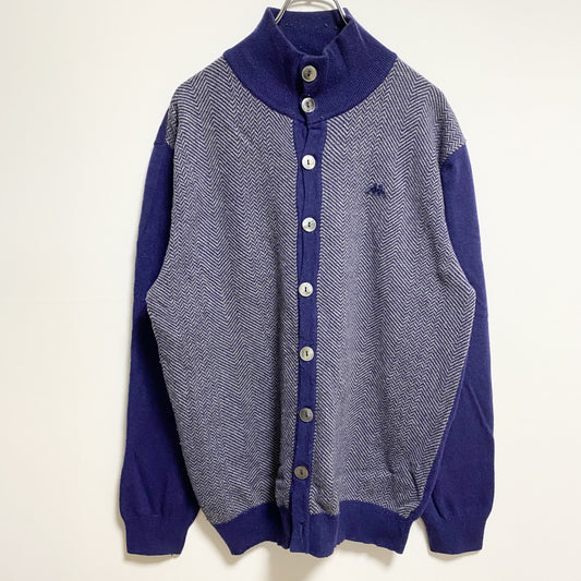 古着 used　KAPPA カッパ　長袖ハイネックニットカーディガン　セーター　ワンポイントロゴ刺繡　ネイビー　レトロ　XLサイズ