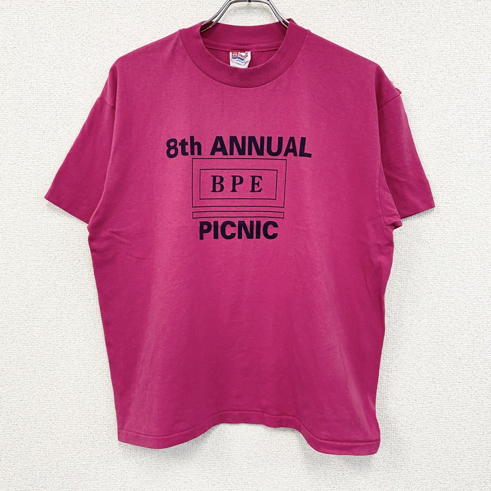 90s　Hanes　ヘインズ　半袖プリントTシャツ　US製　シングルステッチ　ショッキングピンク　Lサイズ