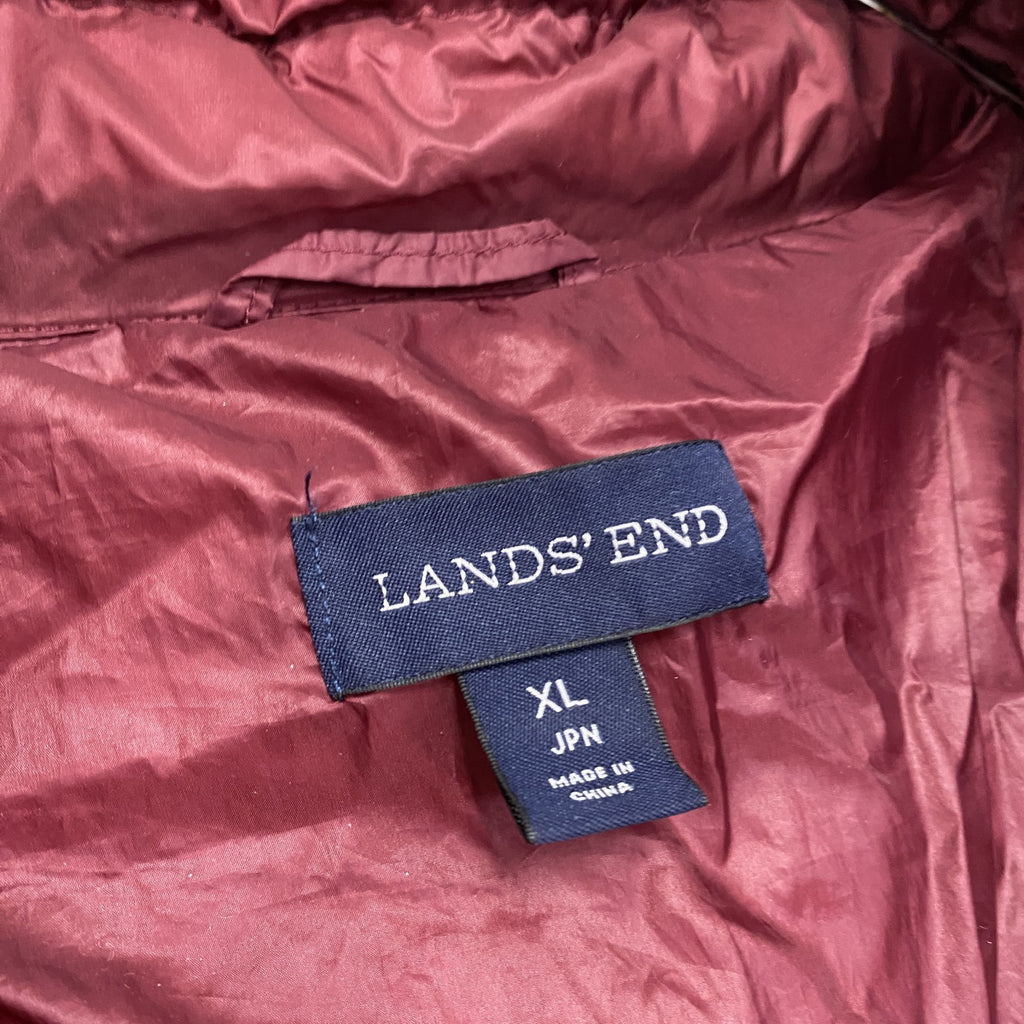 LAND'S END　ランズエンド　ダウンコート　ダウン80％　ウエストベルト付き　比翼仕立て　朱色　カシスレッド　XLサイズ