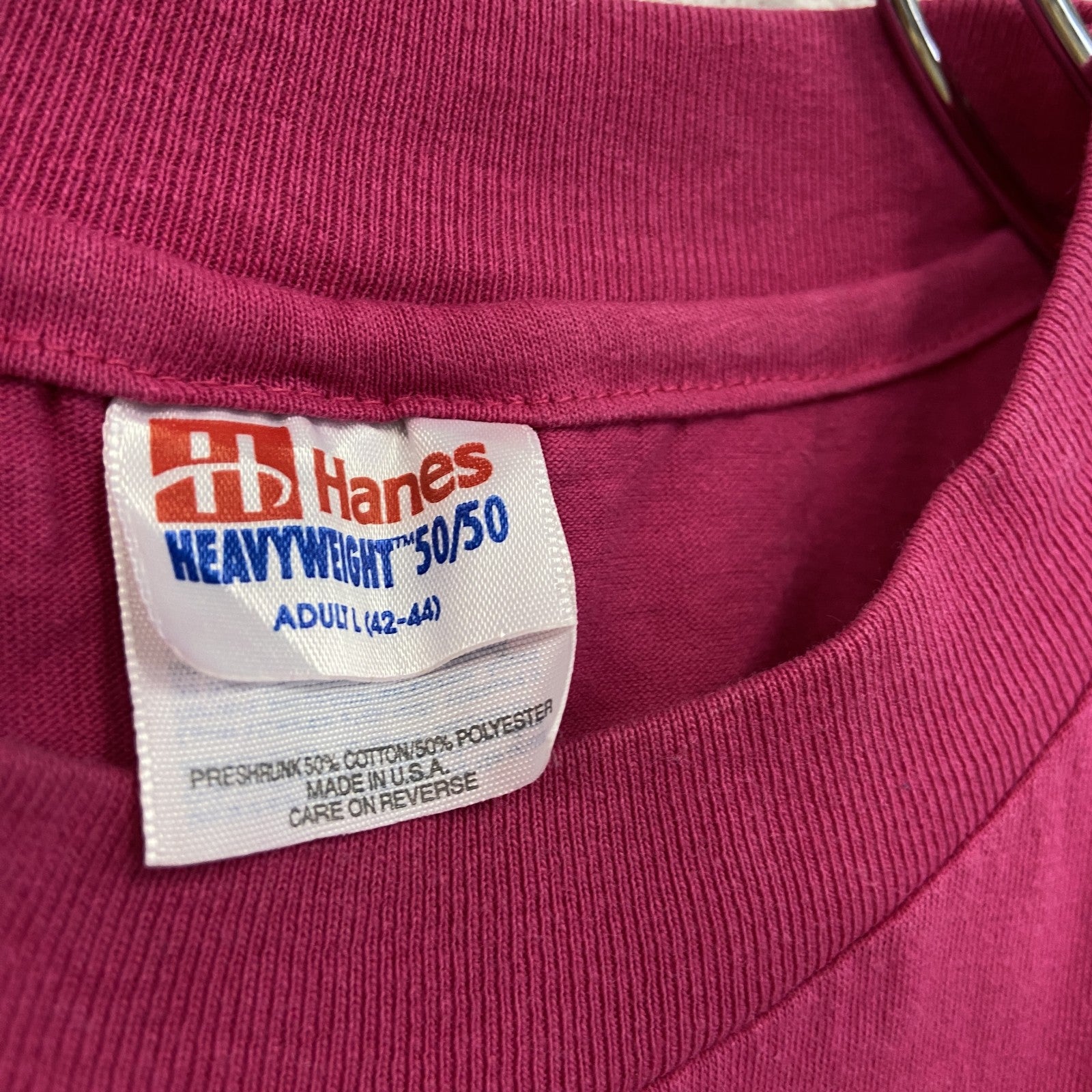 90s　Hanes　ヘインズ　半袖プリントTシャツ　US製　シングルステッチ　ショッキングピンク　Lサイズ