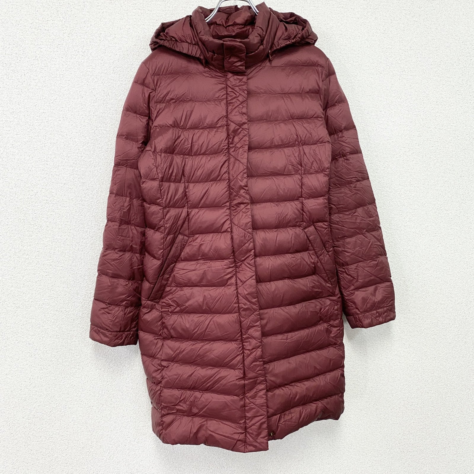 LAND'S END　ランズエンド　ダウンコート　ダウン80％　ウエストベルト付き　比翼仕立て　朱色　カシスレッド　XLサイズ
