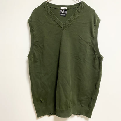 古着 used　adidas　アディダス　Vネックニットベスト　ワンポイントロゴ刺　緑　グリーン　XLサイズ