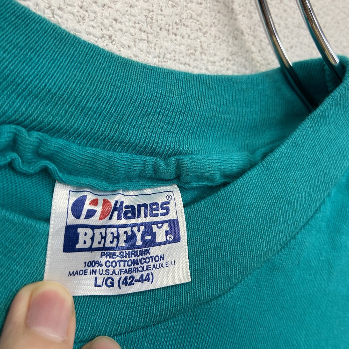 90s　Hanes　ヘインズ　半袖プリントTシャツ　US製　シングルステッチ　ティファニーブルー　Lサイズ