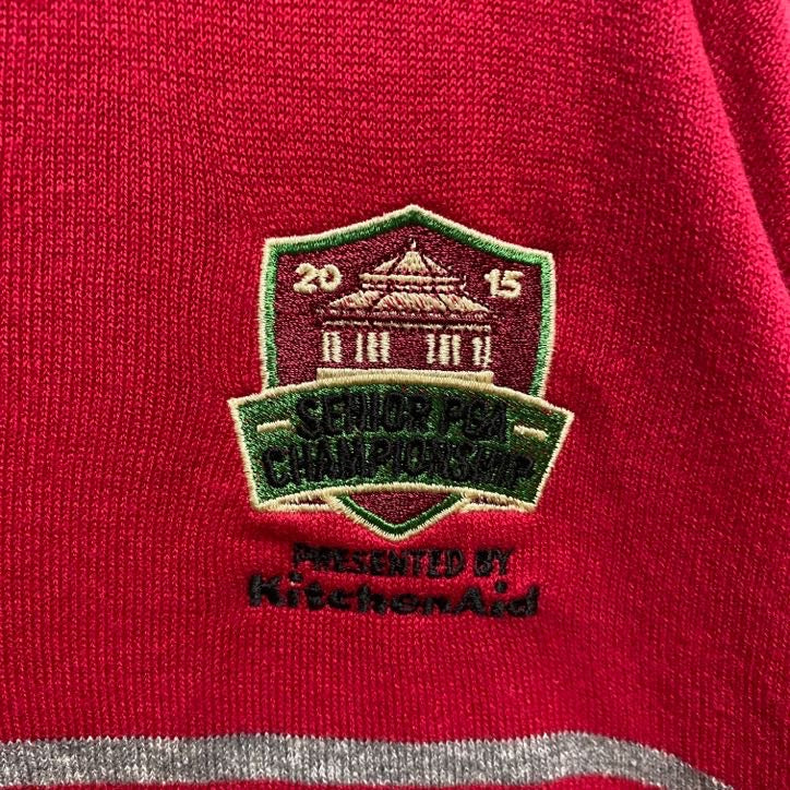 古着 used　adidas アディダスゴルフ　長袖Vネックニット　セーター　ワンポイントロゴ刺繍　ライン　赤　XLサイズ
