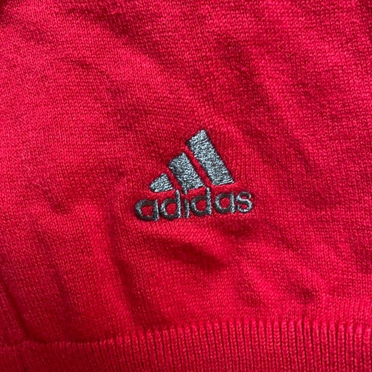 古着 used　adidas アディダスゴルフ　長袖Vネックニット　セーター　ワンポイントロゴ刺繍　ライン　赤　XLサイズ