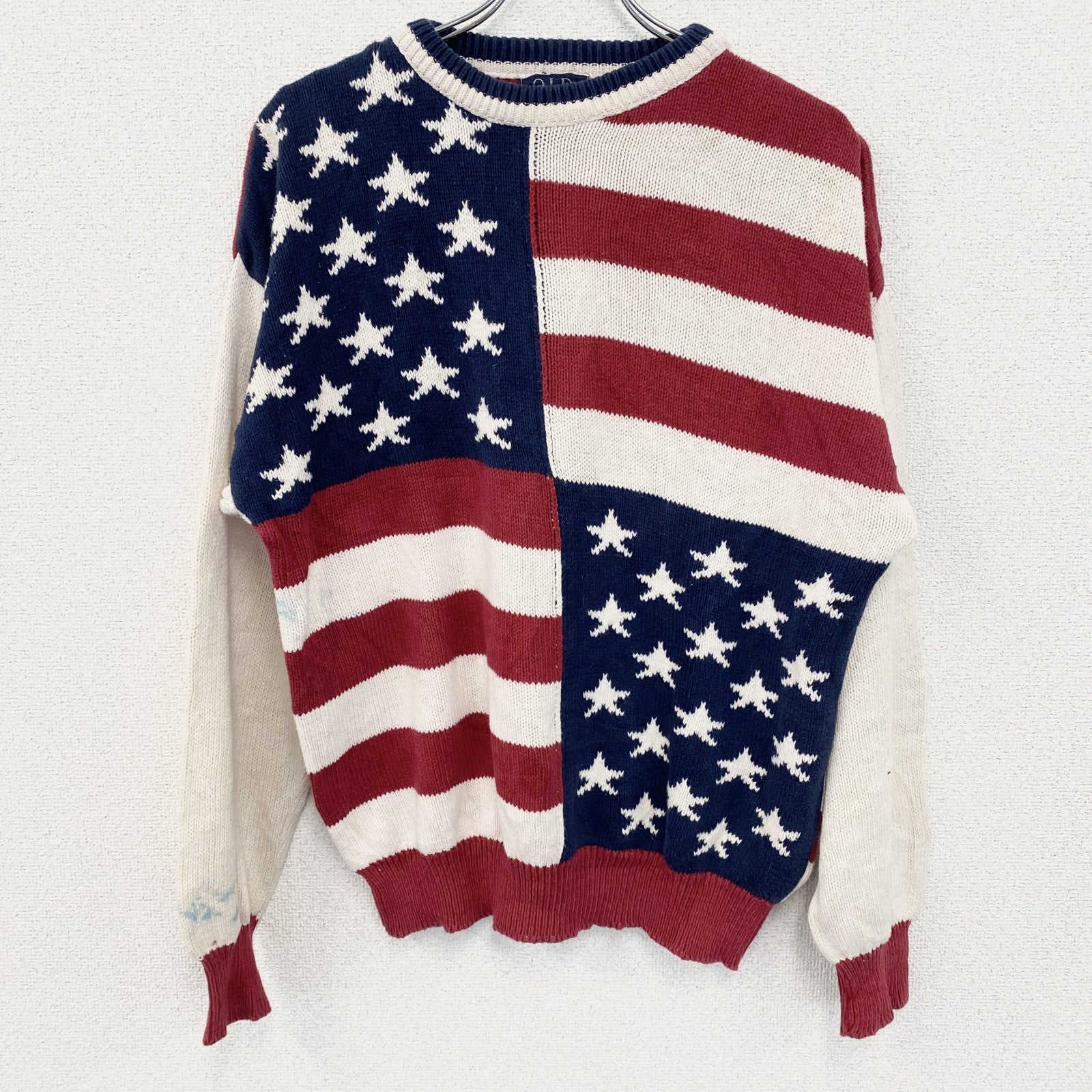 古着 used　OLD GLORY　オールドグローリー　コットンニットセーター　白　ホワイト　紺　ネイビー　Mサイズ