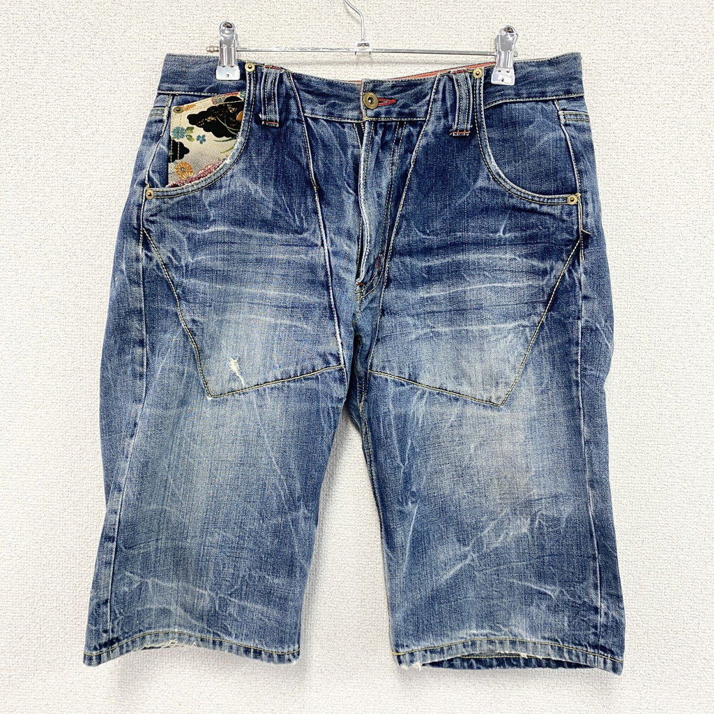 備中倉敷工房　ETERNAL　エターナル　ハーフデニムパンツ/ショートパンツ　ジップフライ　和柄　インディゴ　32サイズ