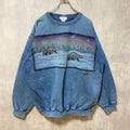 古着 used　90s　90年代　カナダ製　長袖アニマル柄プリントスウェット　トレーナー　青　ヴィンテージ　レトロ　Lサイズ