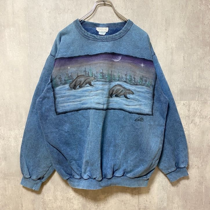 古着 used　90s　90年代　カナダ製　長袖アニマル柄プリントスウェット　トレーナー　青　ヴィンテージ　レトロ　Lサイズ