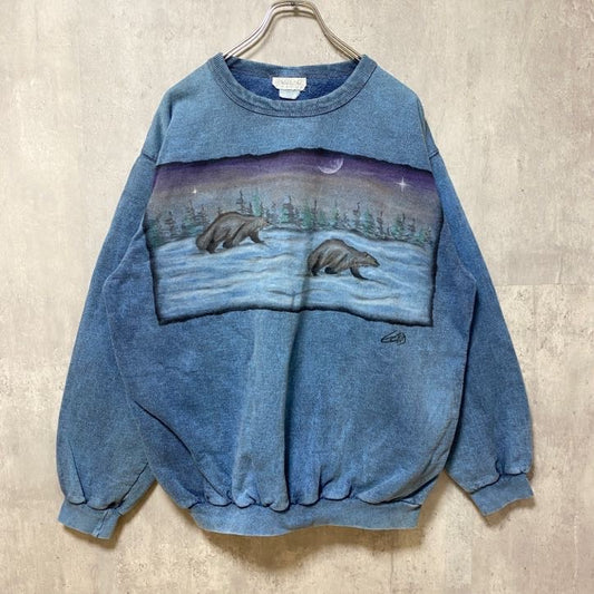 古着 used　90s　90年代　カナダ製　長袖アニマル柄プリントスウェット　トレーナー　青　ヴィンテージ　レトロ　Lサイズ