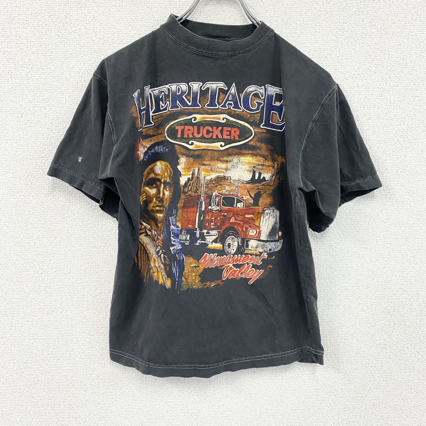 ～00s　HERITAGE　TRUCKER　半袖プリントTシャツ　インディアンプリント　ヴィンテージ　黒　ブラック　